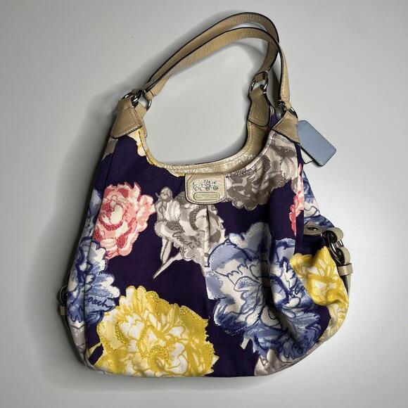 Coach Madison Maggie Navy Floral Tote Handbag M1220-23351 Pre-Owned Free Ship - Picture 1 of 10
